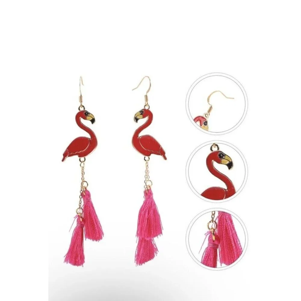 Pink Gold Enamel Flamingo Dangle Fashion Earrings